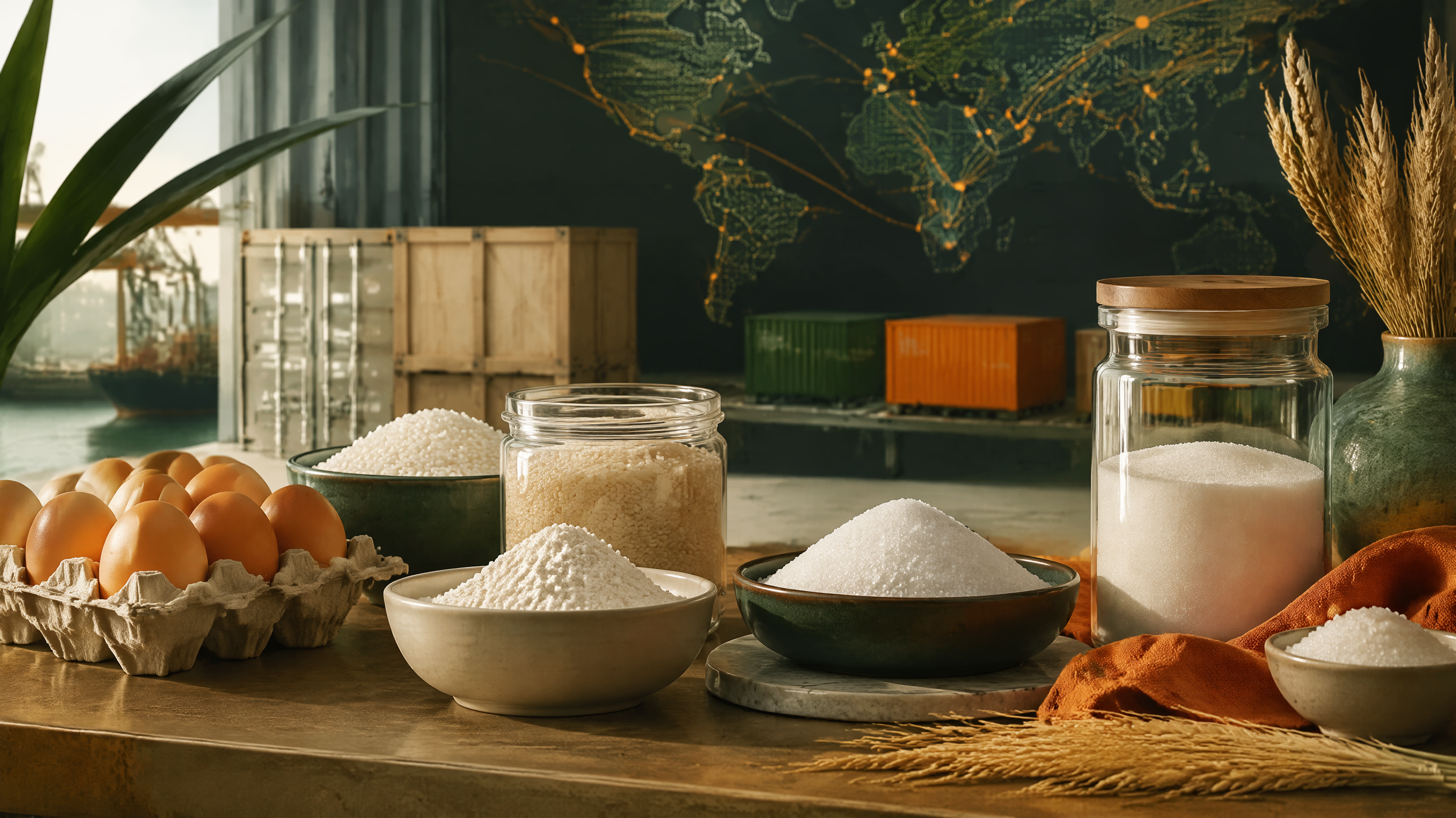Food ingredients and international supply-chain materials arranged in a premium food procurement scene