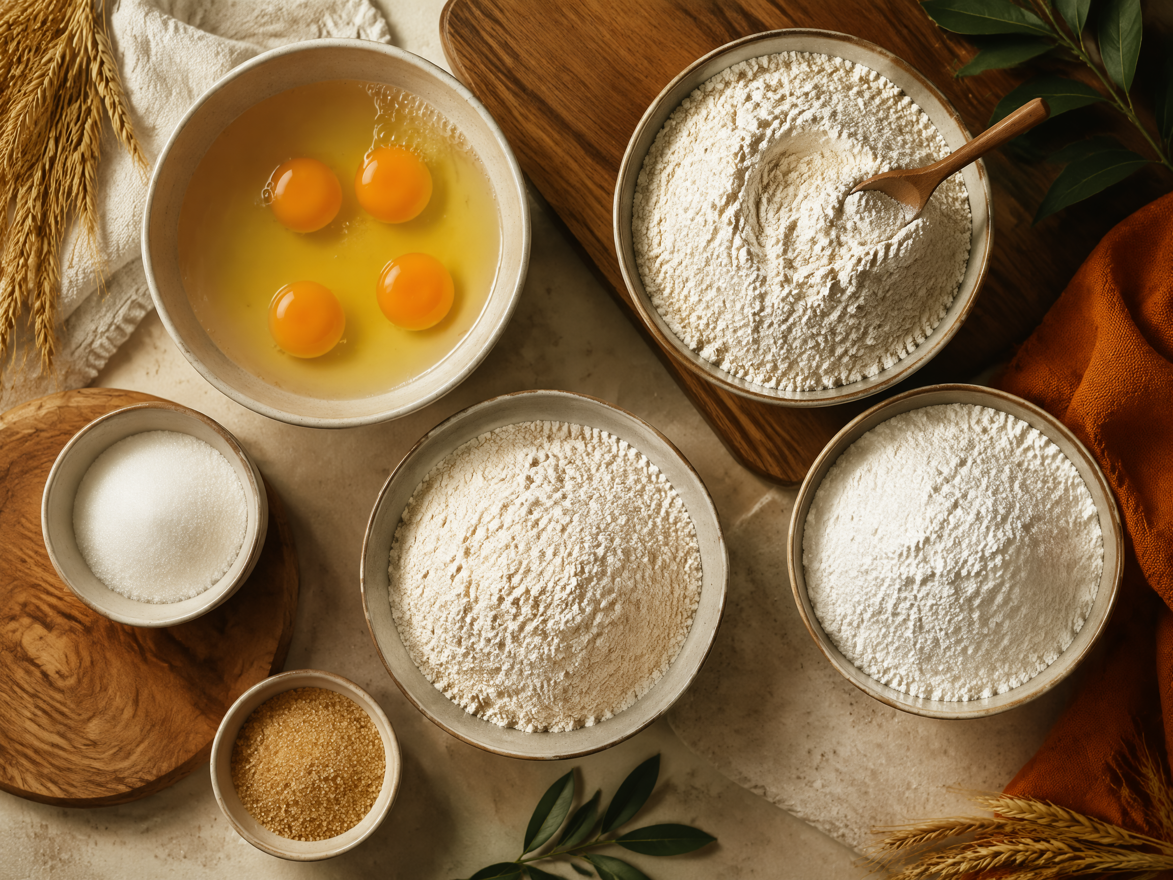Liquid eggs, rice grains, flour and sugar arranged as food ingredient materials