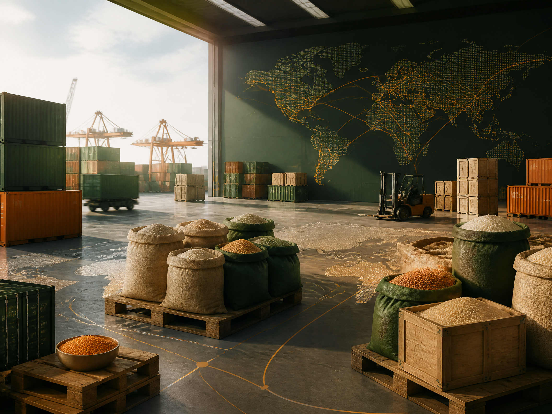 Food ingredient materials moving through an international procurement network